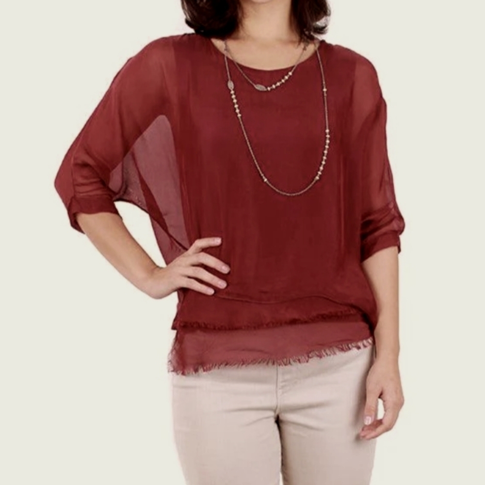 Gigi Moda Burgundy 100% Silk Layered Diana Top Raw Hem Italy